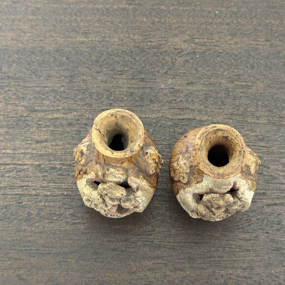 VTG Two Intricately Hand Carved Banko Ware Japanese Miniature Vase House Inside - Picture 10 of 16